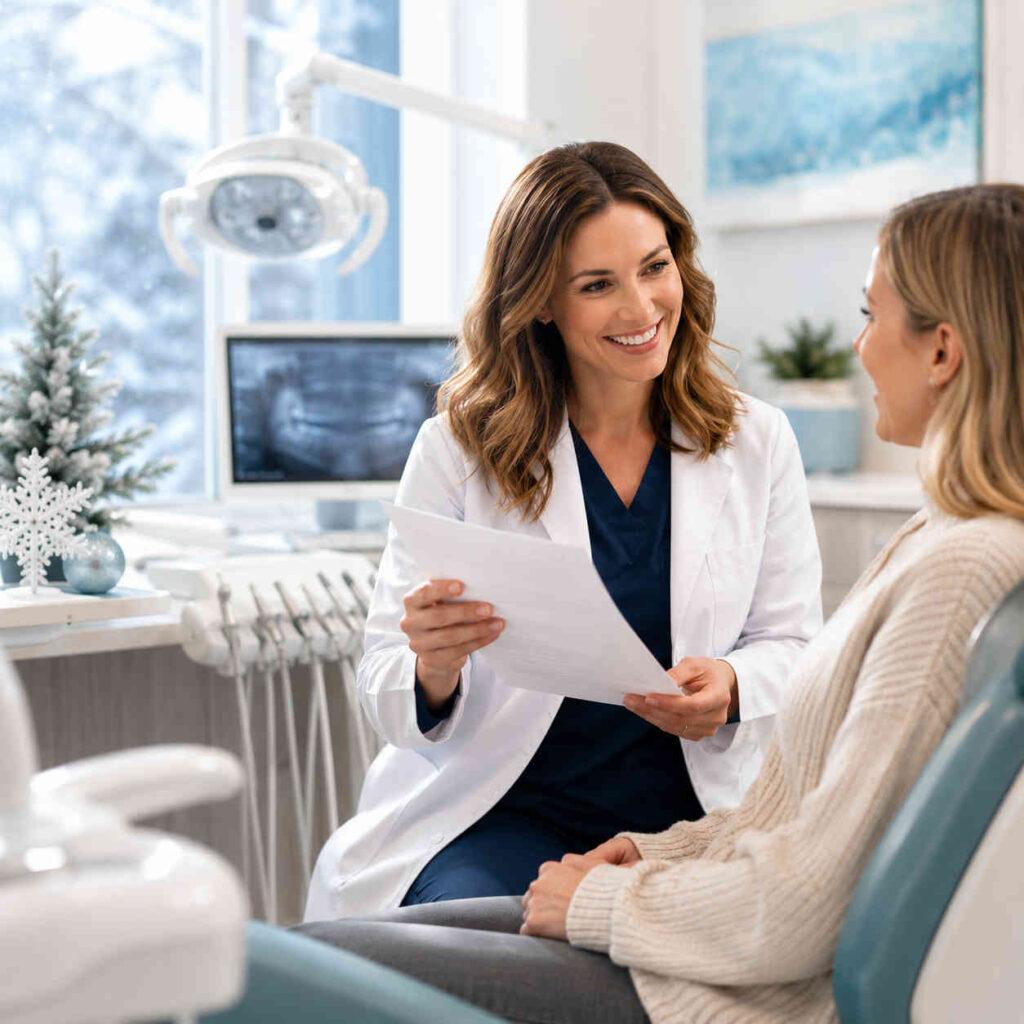 Patient speaking with dentist at Canyon Gate Dental in Orem, Utah about using dental insurance benefits before December 31.