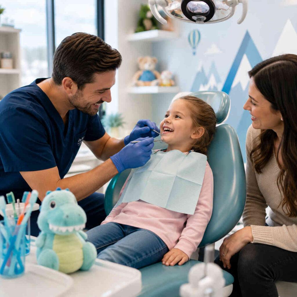 Child smiling during a dental checkup at a modern pediatric dental clinic in Orem, Utah.