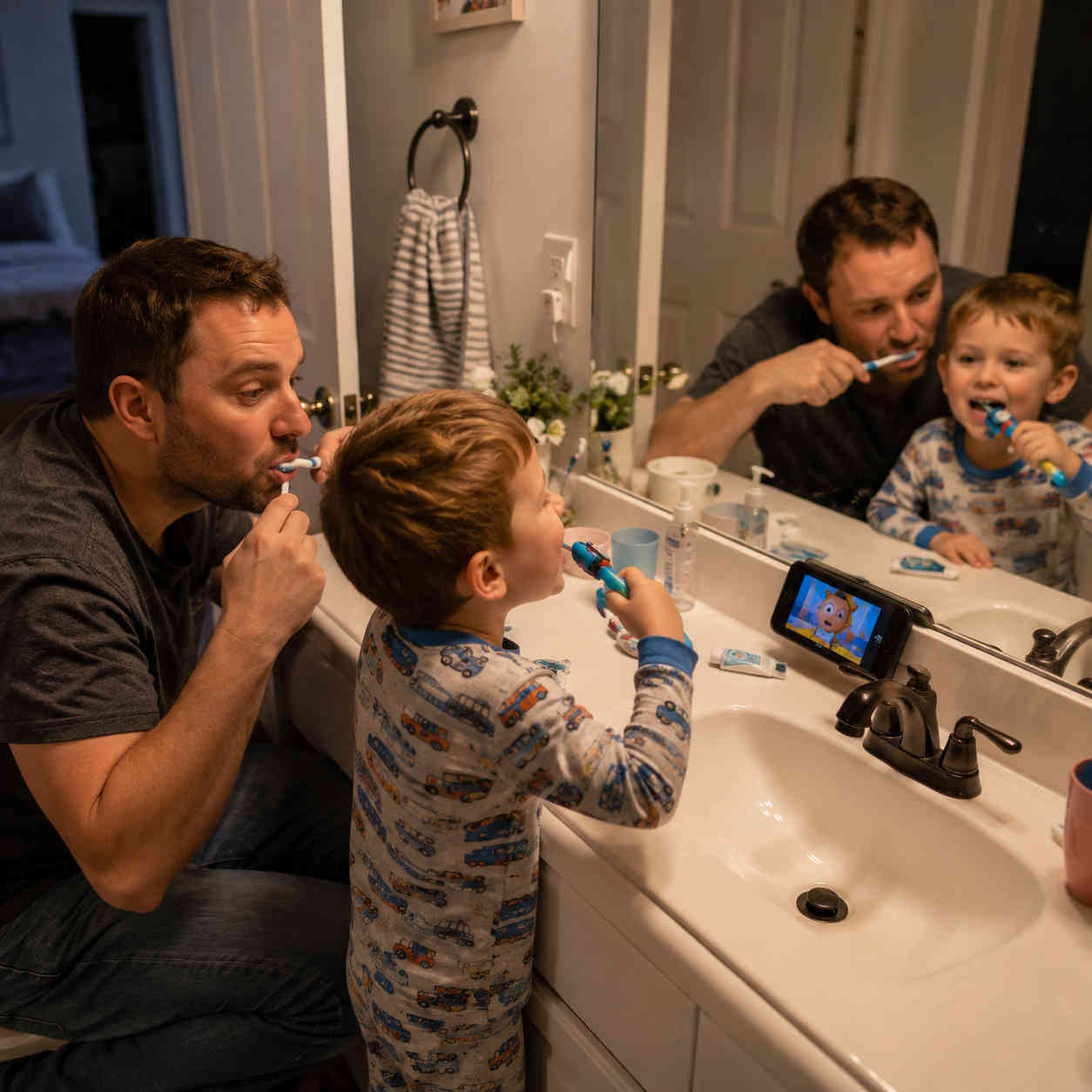 A parent helping a young child brush teeth at a bathroom sink with a fun toothbrush, representing pediatric dental hygiene tips from Canyon Gate Dental in Orem Utah
