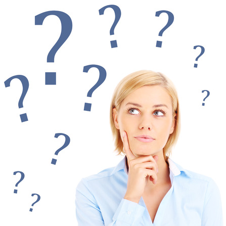 Woman is having question over white background