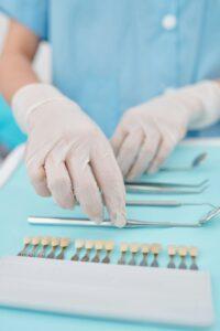 Disinfected dentist tools and veneers color palette