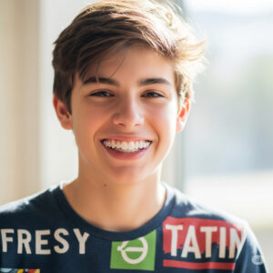 Teen boy smiling with clear aligners on his teeth outdoors in Orem, Utah