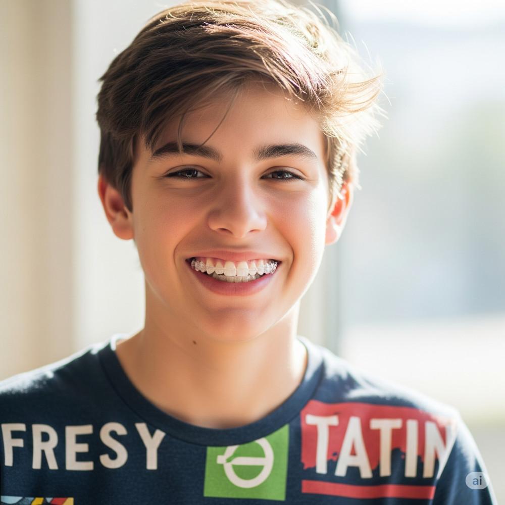 Teen boy smiling with clear aligners on his teeth outdoors in Orem, Utah