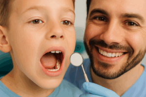 Orem dentist examining a child’s tooth with early signs of a cavity using a dental mirror