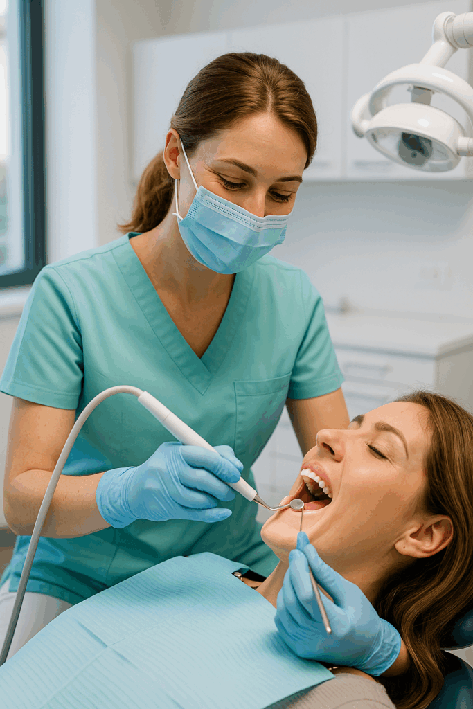 Dental hygienist performing a professional teeth cleaning for a patient at Canyon Gate Dental in Orem, Utah