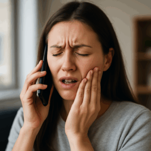 Woman in Orem holding her cheek in pain and calling her dentist for a same-day emergency appointment