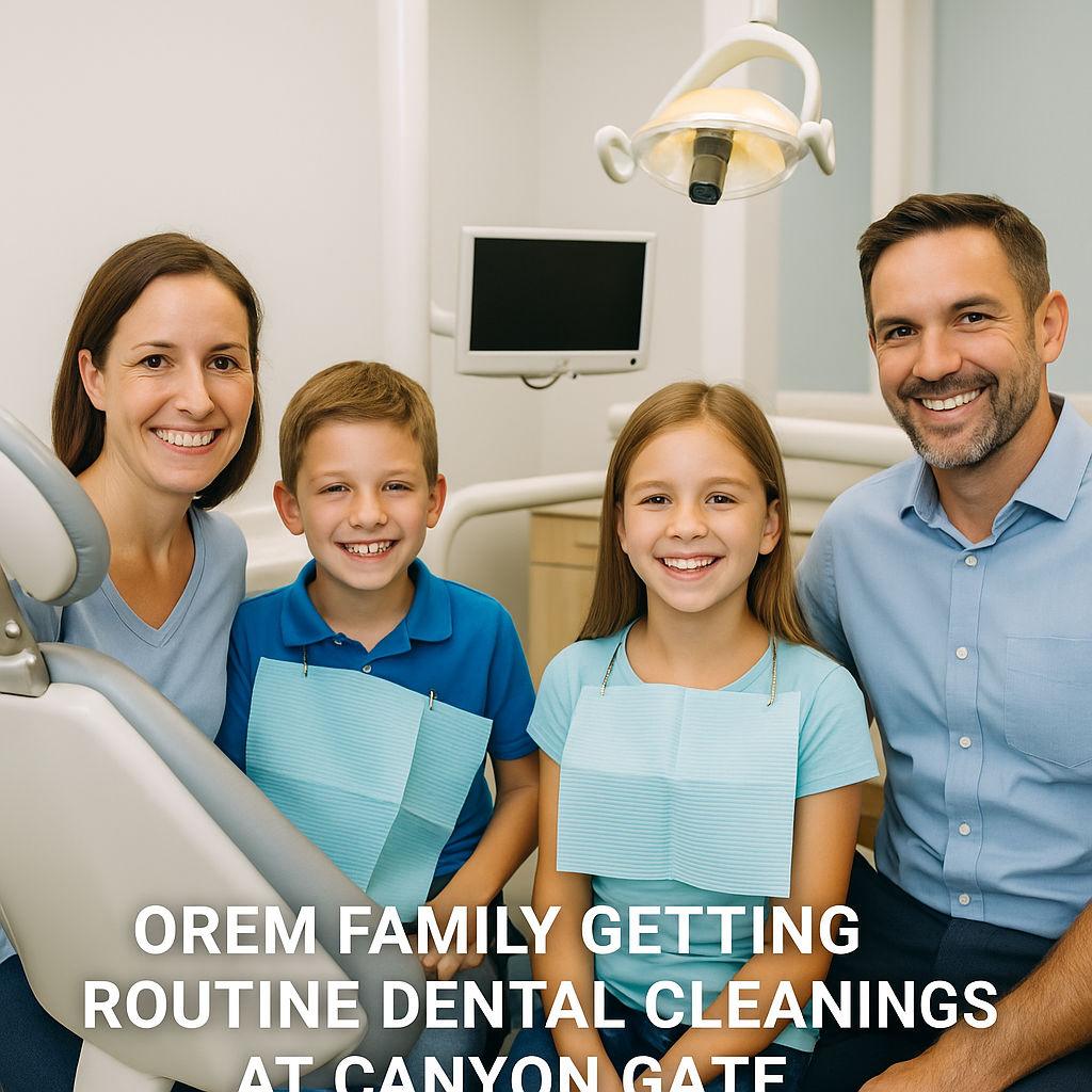 Smiling family of four sitting in dental chairs during their regular cleanings at Canyon Gate Dental in Orem, Utah
