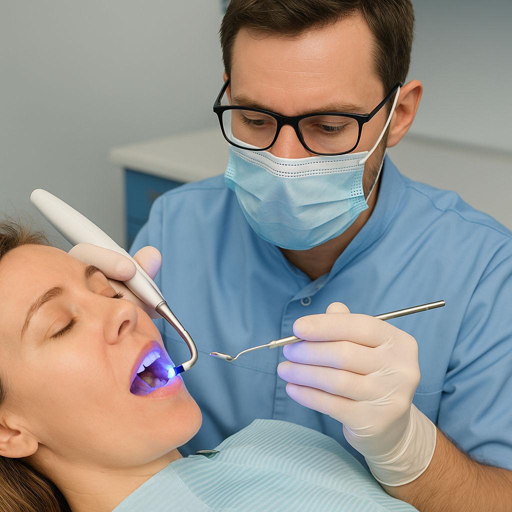 Orem dentist placing a tooth-colored composite filling in a patient’s back molar at Canyon Gate Dental