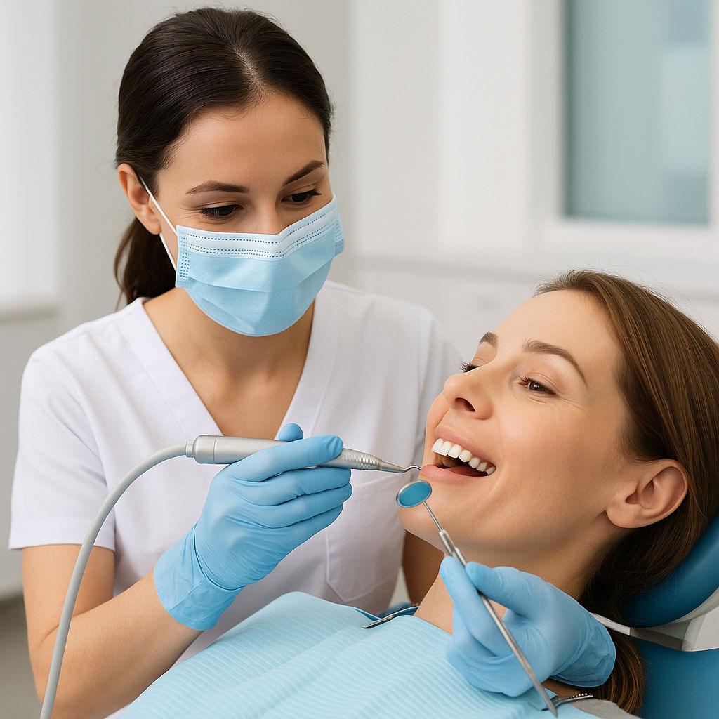 Dental hygienist performing a routine cleaning for a relaxed patient at Canyon Gate Dental in Orem, Utah