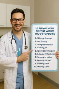 Friendly Orem dentist holding a toothbrush and a chart of top dental habits to avoid