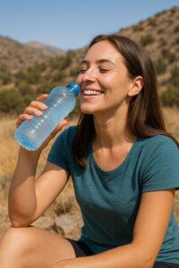 Woman in Orem, Utah sipping water outside on a sunny day to prevent dry mouth and maintain oral health