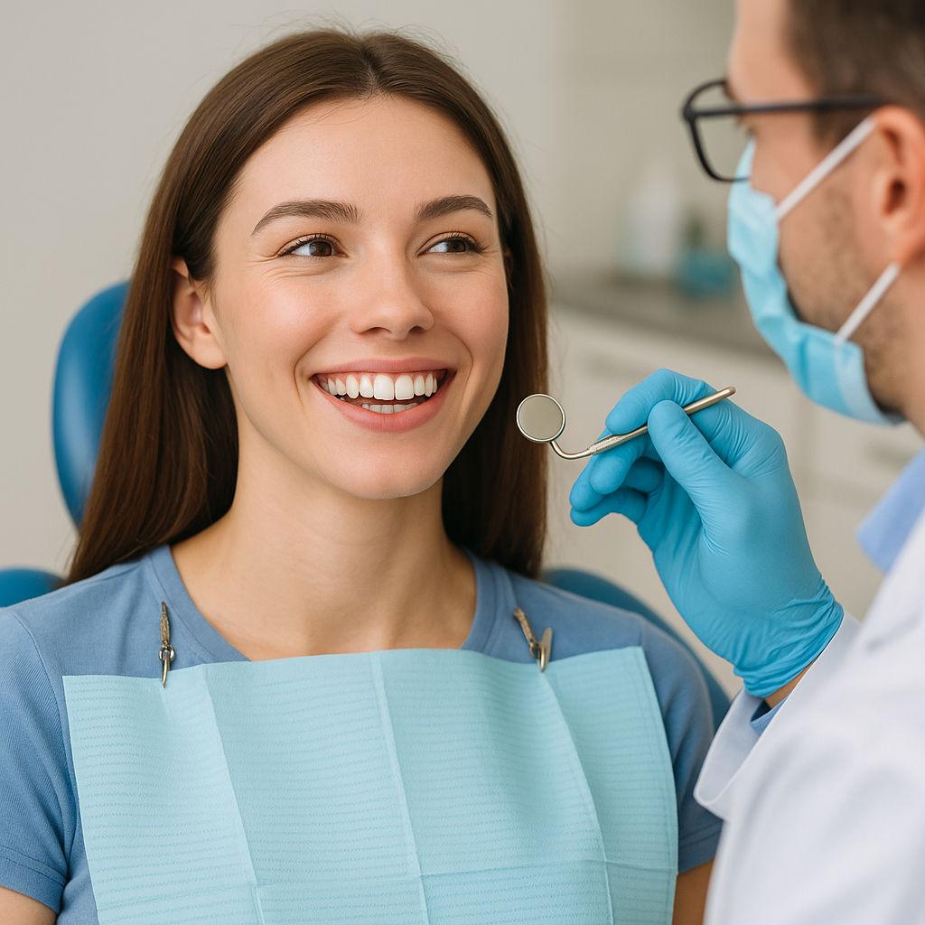 Confident young adult smiling during a dental exam at Canyon Gate Dental in Orem, Utah