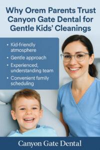 Digital graphic showing a smiling child in a dental chair with a kid-friendly dentist, representing gentle pediatric dental cleanings in Orem, Utah