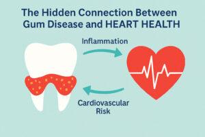 Medical-style infographic showing a tooth connected to a heart symbol, with arrows illustrating the link between gum inflammation and cardiovascular risk.