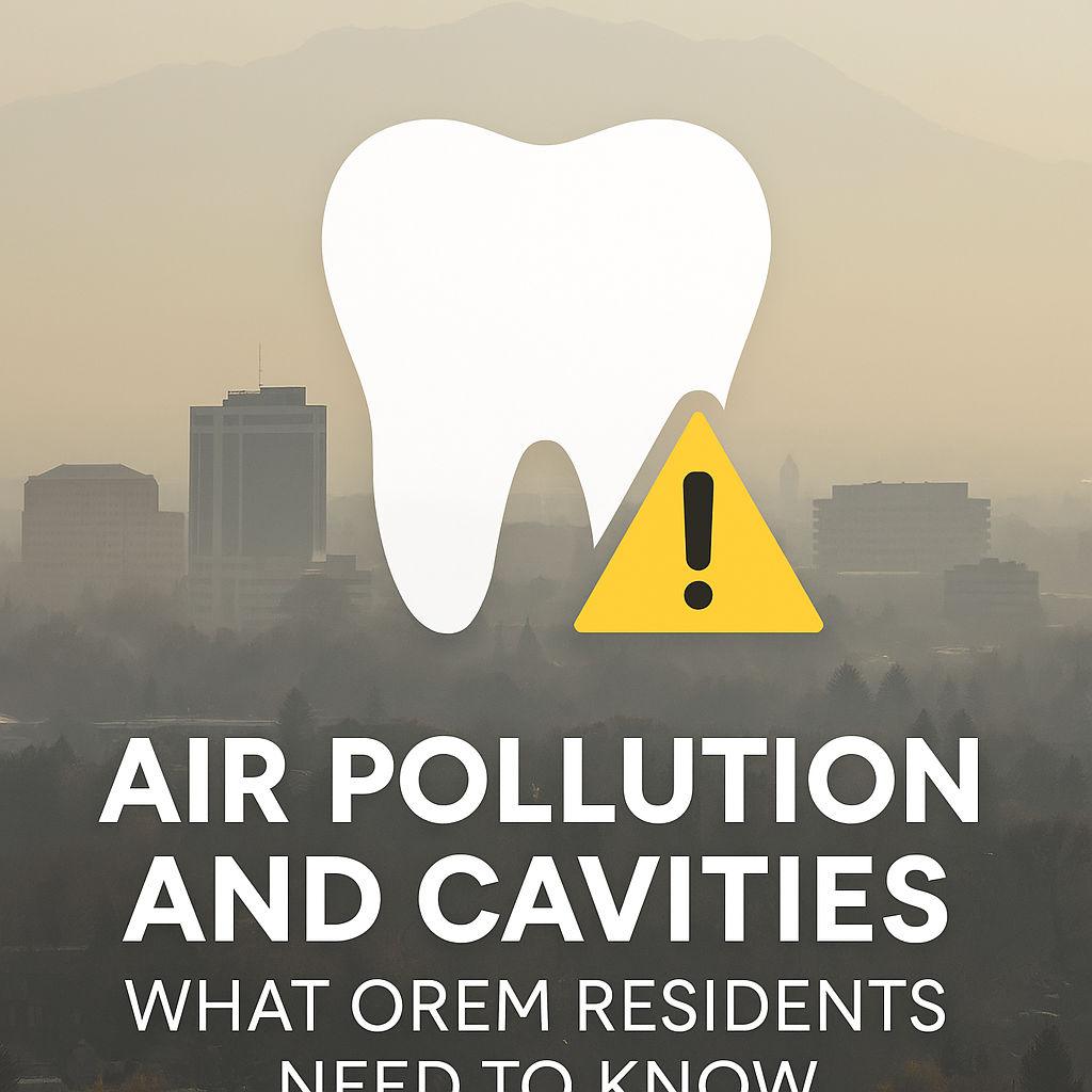 Hazy Orem skyline overlaying a tooth icon with warning sign