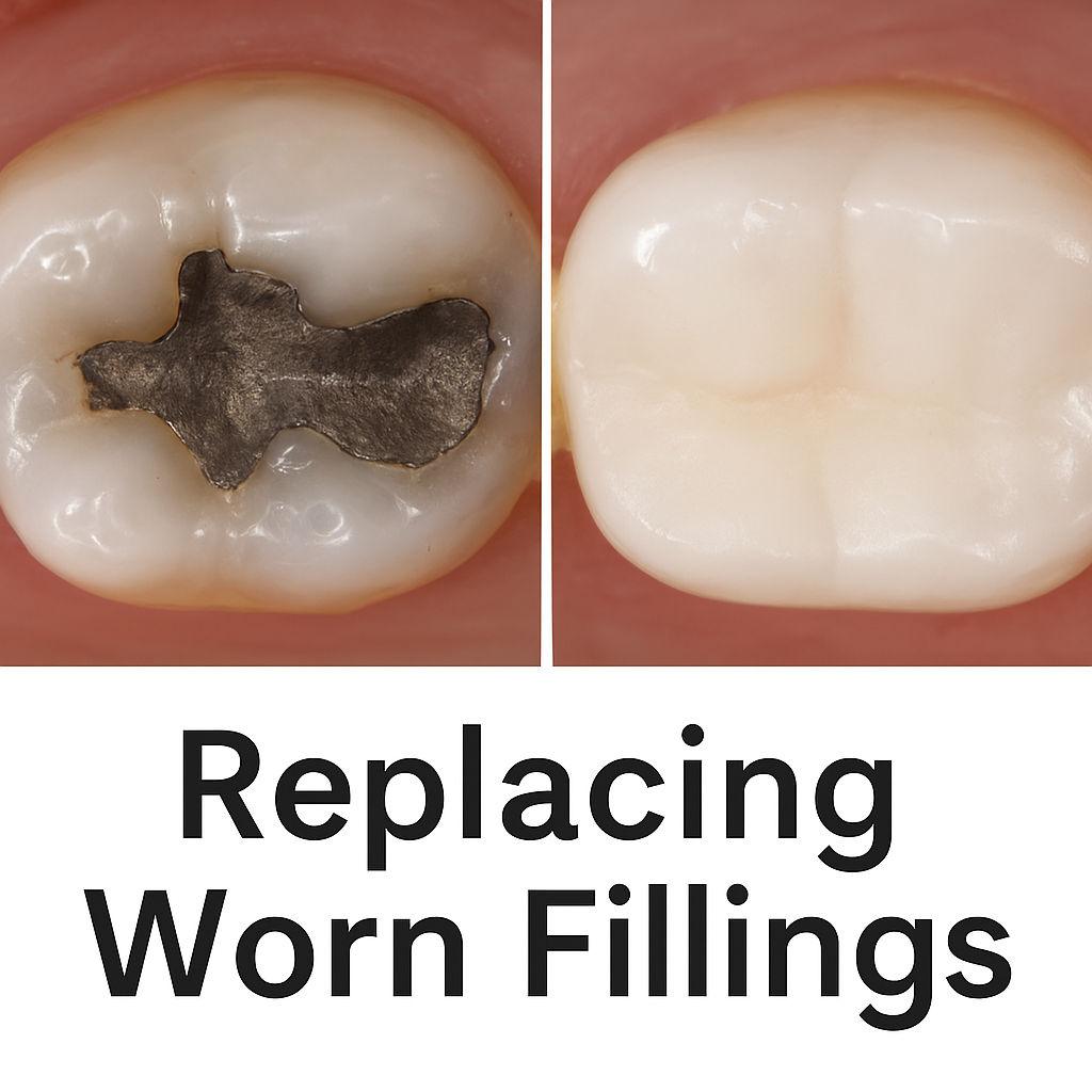 Side-by-side close-up image showing an old silver filling on one tooth and a new tooth-colored composite filling on another