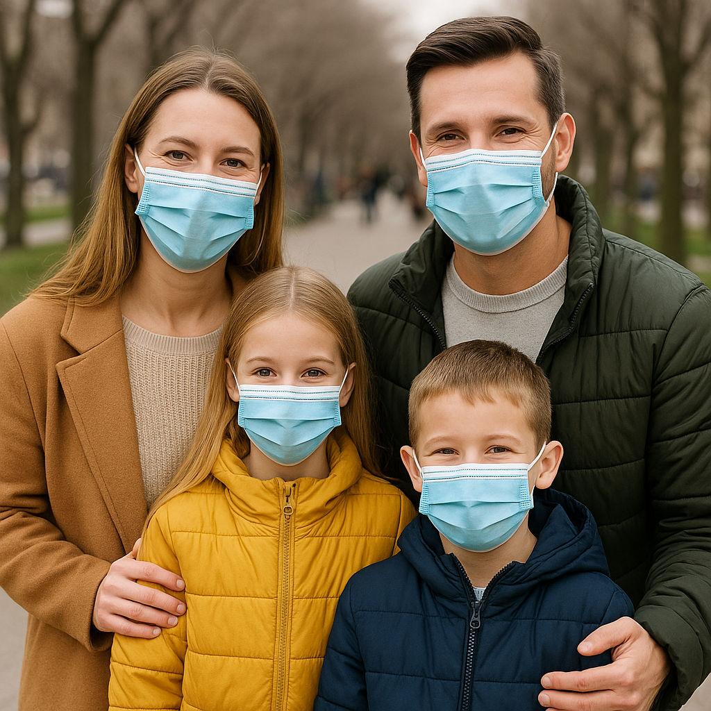 Local family in Orem wearing masks outdoors while smiling with healthy teeth
