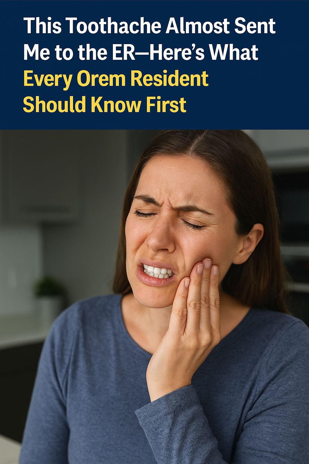 Woman in visible tooth pain at night, holding her cheek with a concerned look, symbolizing a dental emergency in Orem, Utah