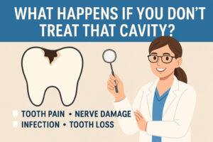 Digital infographic showing the progressive stages of an untreated cavity and its health consequences for dental patients in Orem, Utah