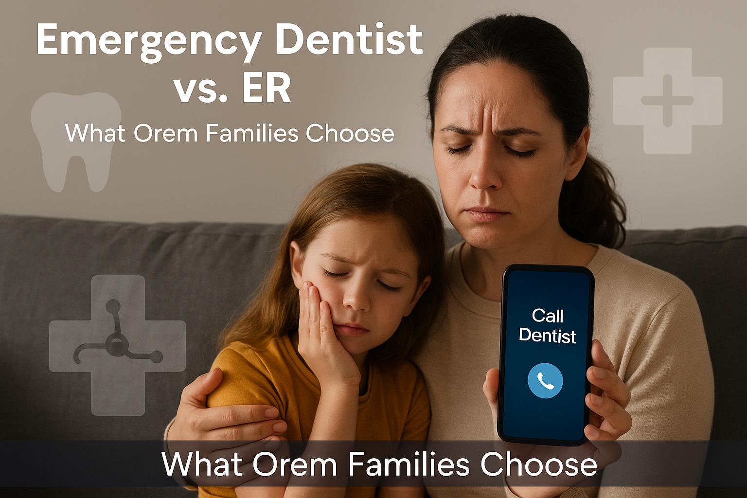Parent holding phone with “Call Dentist” on screen, sitting next to child in pain