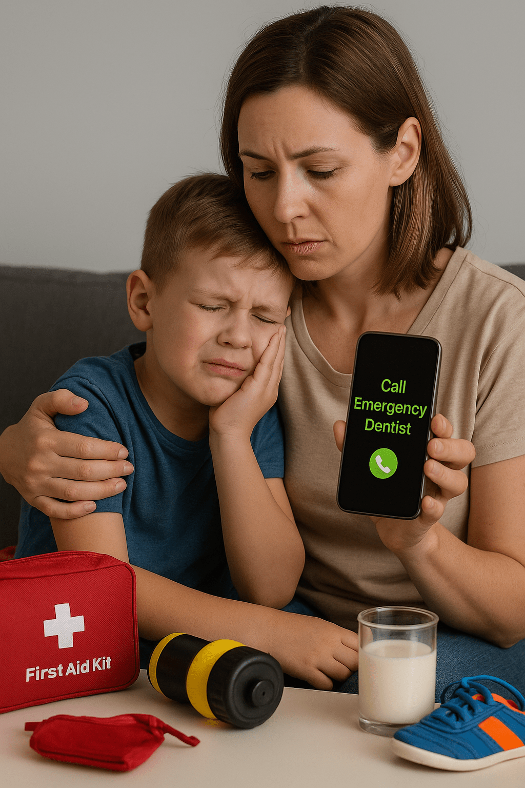 Parent comforting child with dental pain, holding phone showing emergency dentist contact