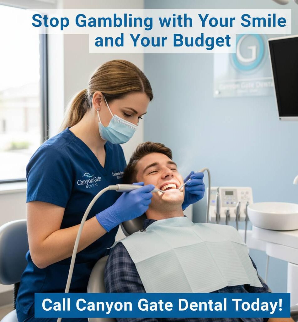 Friendly dental hygienist at Canyon Gate Dental in Orem, Utah, performing a professional teeth cleaning on a smiling patient. Bright modern clinic environment symbolizing trusted, affordable dental care.
