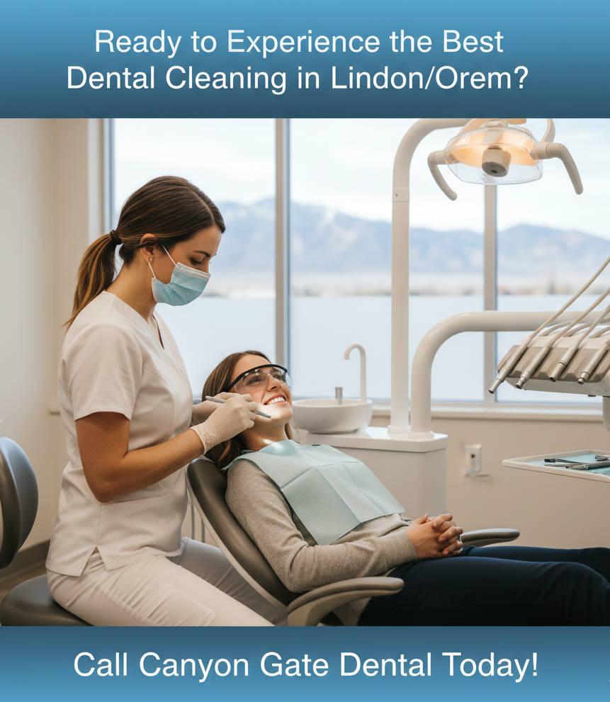 A professional dental hygienist in Orem, Utah cleaning a patient’s teeth in a bright, modern clinic at Canyon Gate Dental. Smiling patient, clean environment, and expert care.