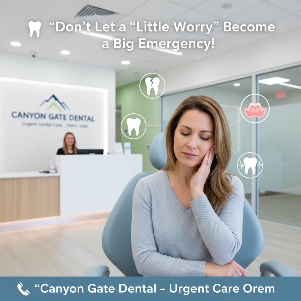 Adult experiencing mild tooth pain sitting outside Canyon Gate Dental in Orem, Utah with subtle icons indicating dental emergency signs like cracked tooth and swollen gum. Calm, professional dental clinic setting.