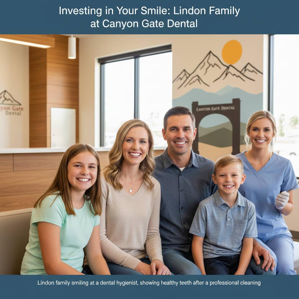 Lindon family smiling at a dental hygienist, showing healthy teeth after a professional cleaning.