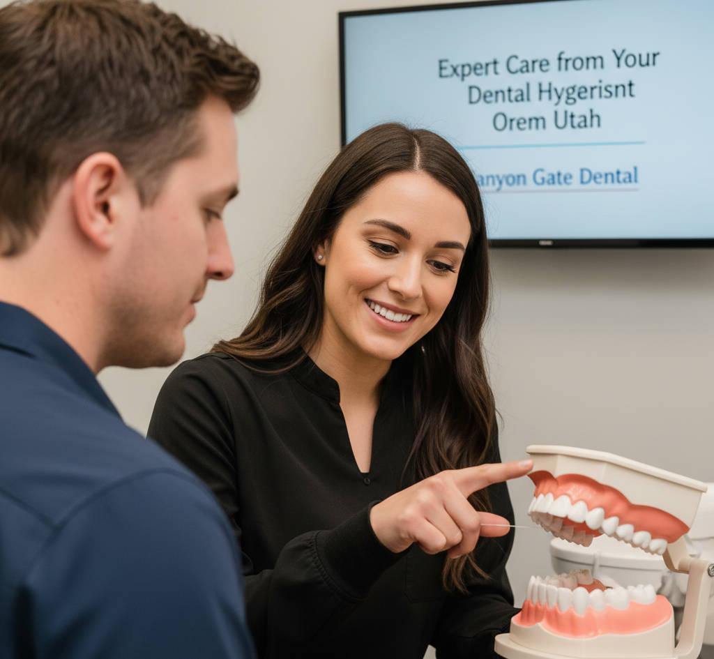 Friendly female dental hygienist in Lindon consulting with a patient about proper flossing technique.