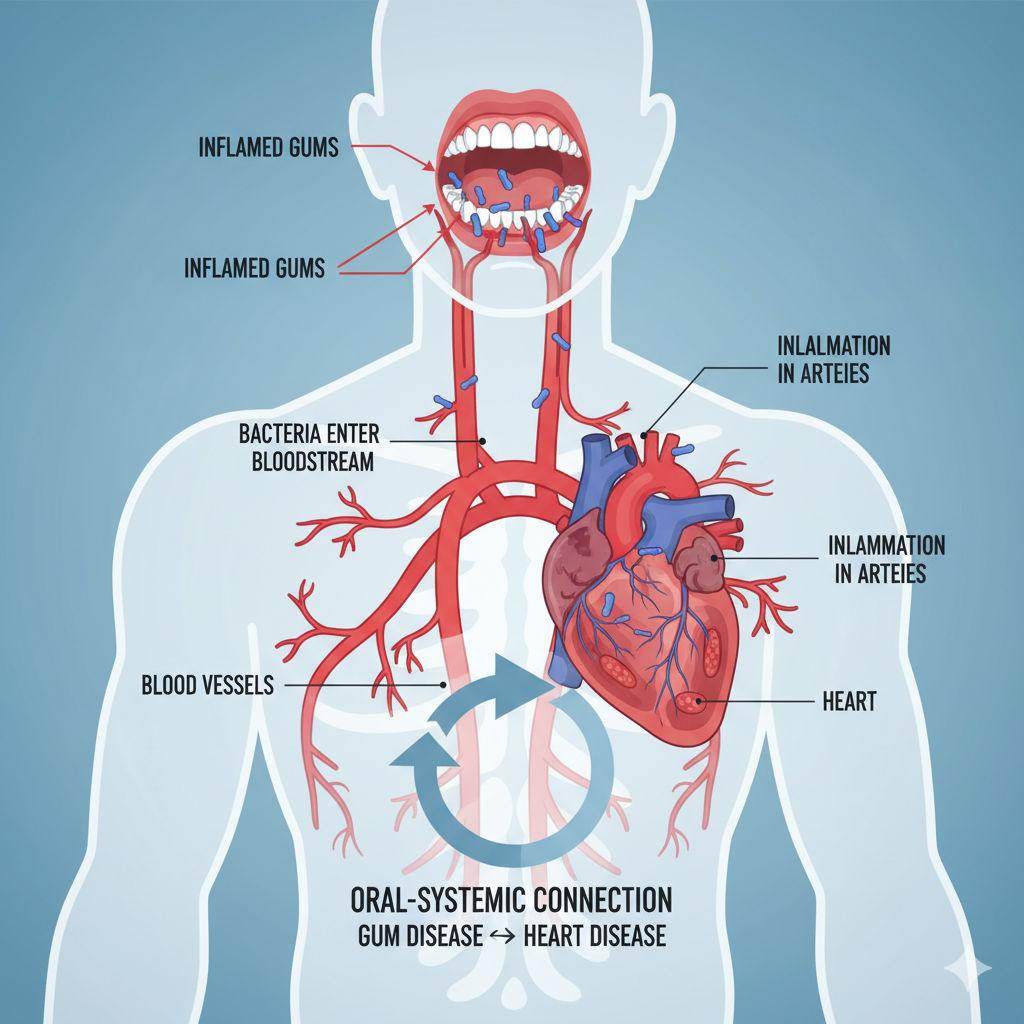 An illustration showing the connection between gum disease and heart health, with visible inflamed gums, bacteria traveling through blood vessels to the heart.