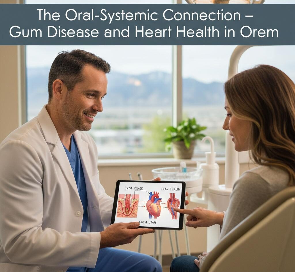 Dentist in Orem showing patient diagram linking gums and heart health on a tablet.