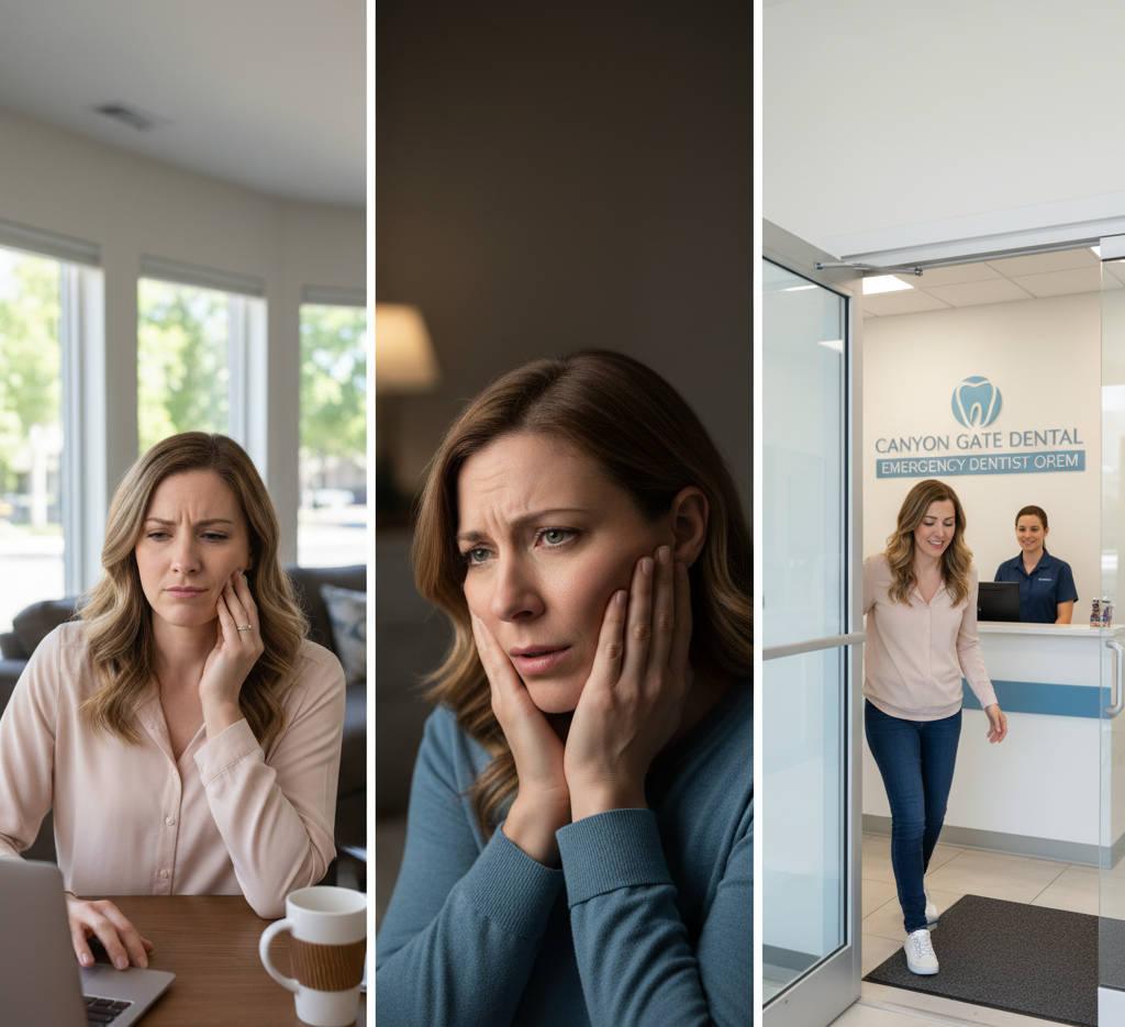 A visual progression in Orem, Utah, showing a person initially dismissively touching a slightly sensitive tooth, evolving into a more distressed expression with pronounced gum swelling and ultimately seeking urgent dental care.