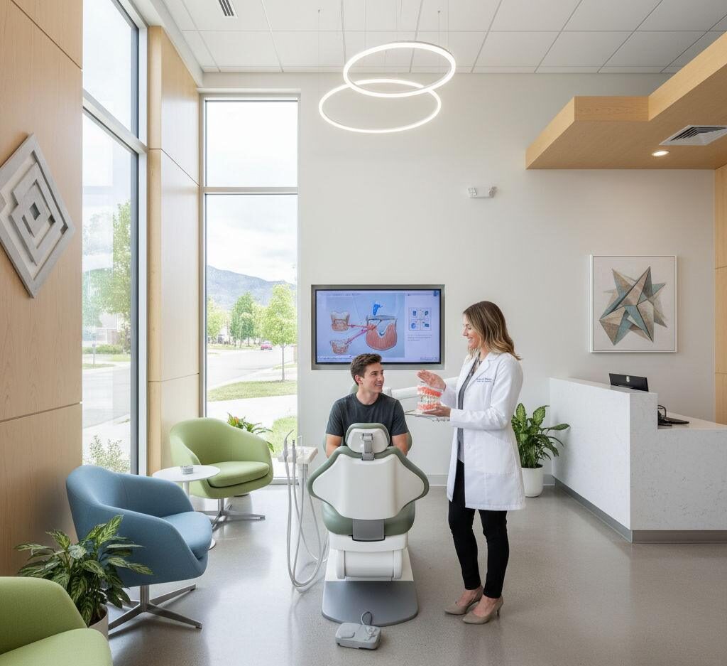 Friendly dentist explaining wisdom teeth removal to a young adult patient at Canyon Gate Dental in Orem, Utah.