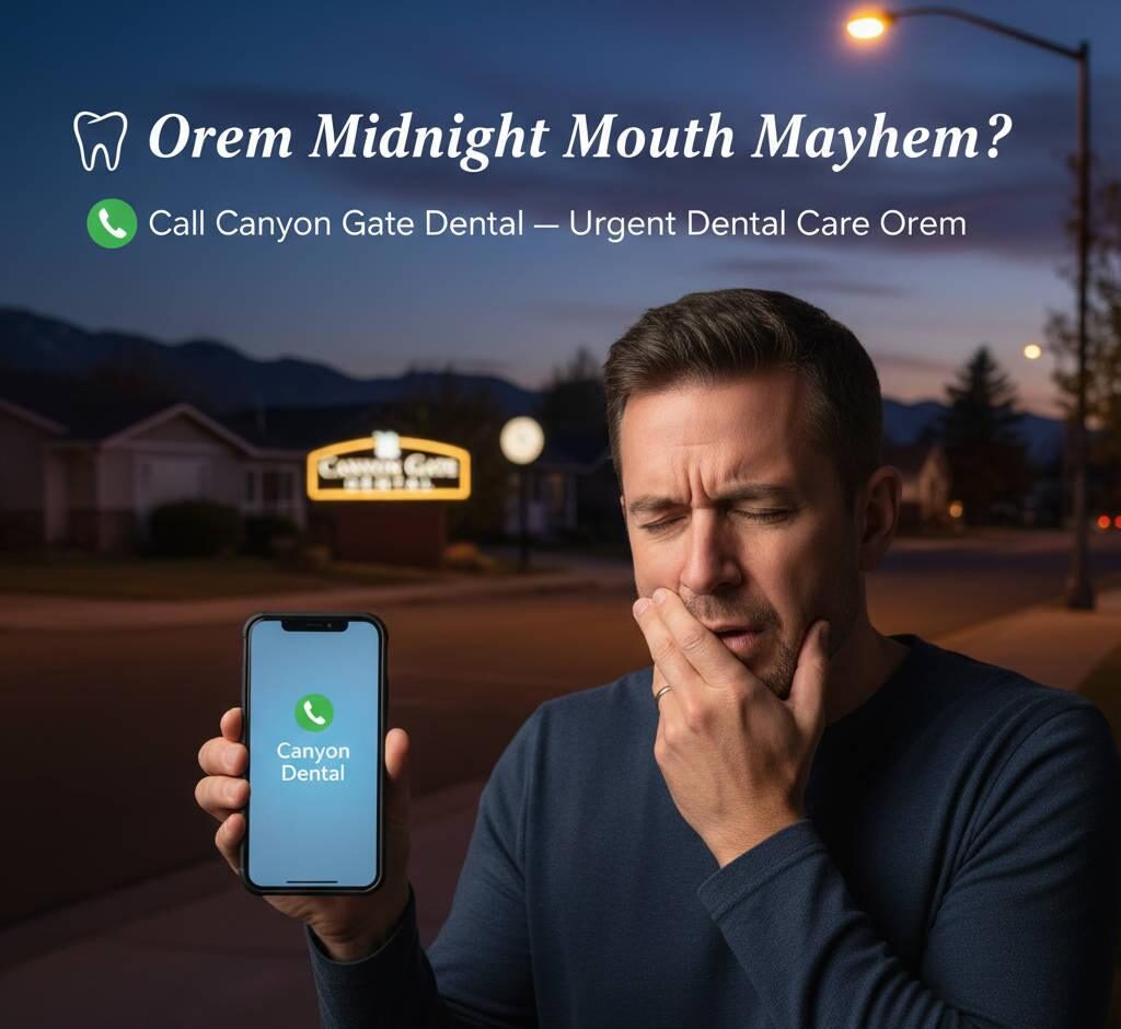 A person holding their jaw in pain at night in Orem, Utah, illuminated by streetlights, calling Canyon Gate Dental for urgent dental care. The warm clinic lights symbolize comfort and fast emergency service.