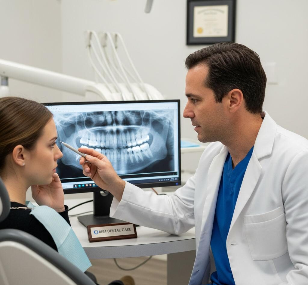 Dentist in Orem showing a patient an X-ray of impacted wisdom teeth and explaining the risks of waiting