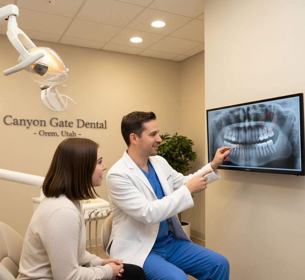 Orem dentist showing a young adult a dental X-ray of wisdom teeth and discussing removal options