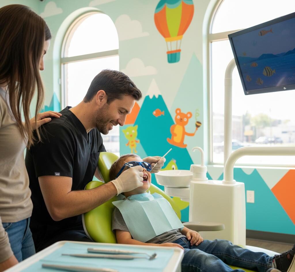 Pediatric dentist in Orem gently performing a child’s first dental cleaning