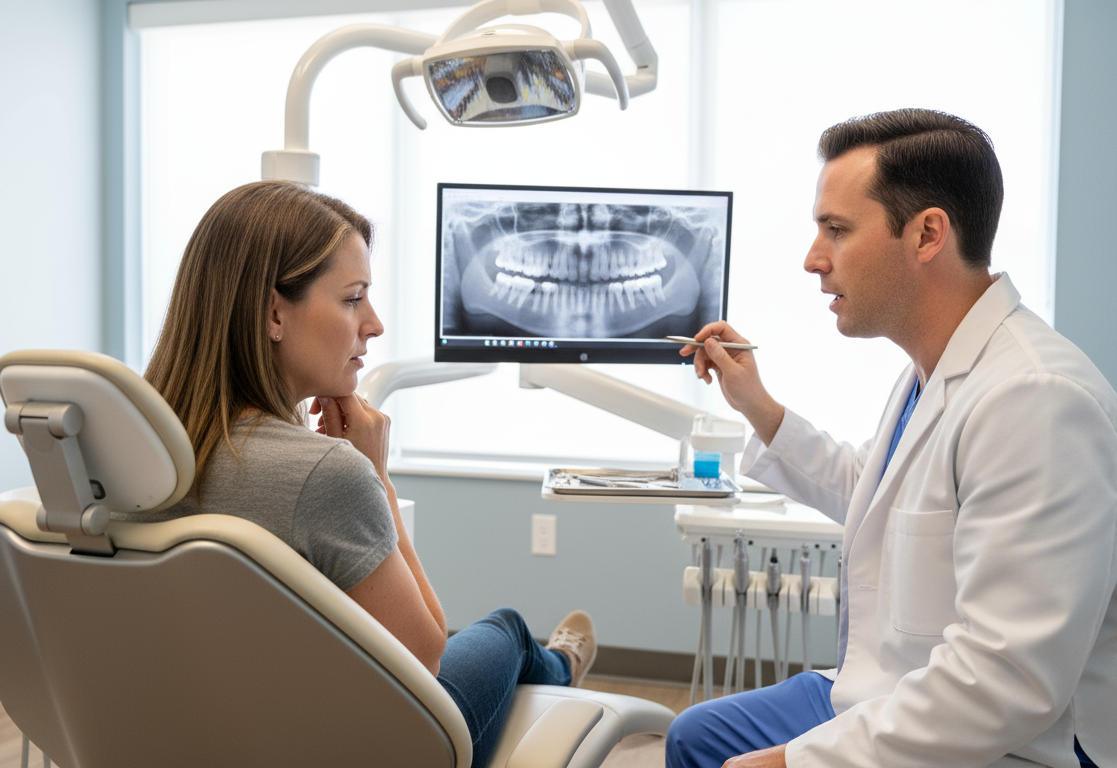 Orem patient with tooth pain consulting dentist about extraction options.