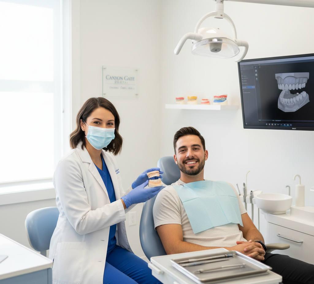 Dentist at Canyon Gate Dental in Orem, Utah explaining dental crown options to a smiling patient in a modern treatment room.
