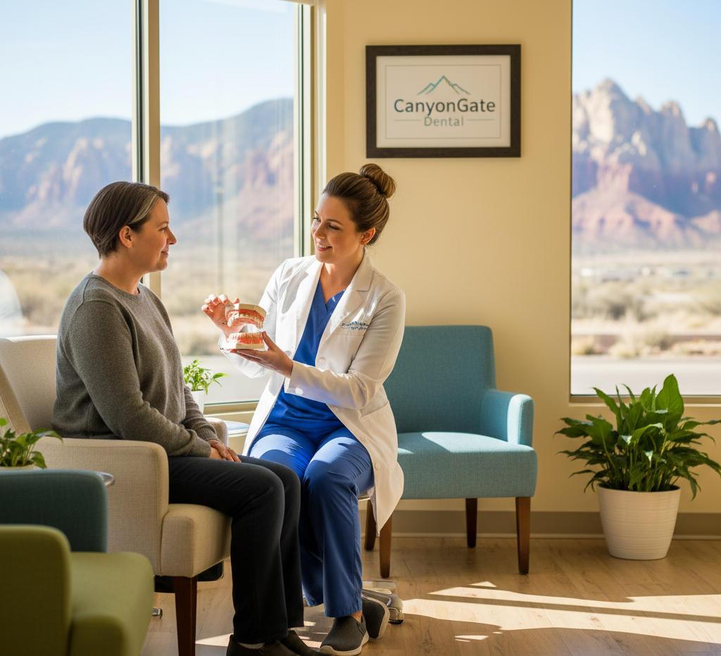 Friendly dentist consulting a patient about denture options at Canyon Gate Dental in Lindon, Utah.