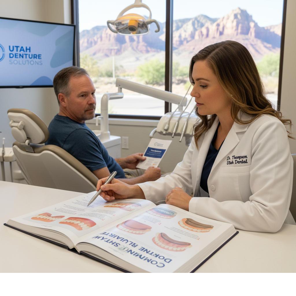 Dentist explaining denture options to a patient