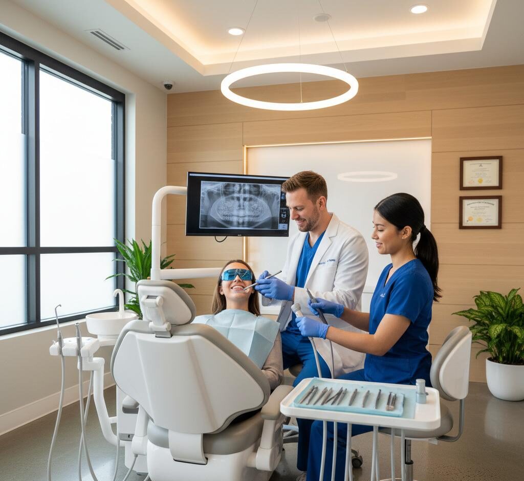 Dentist performing routine teeth cleaning for a patient in Orem, Utah