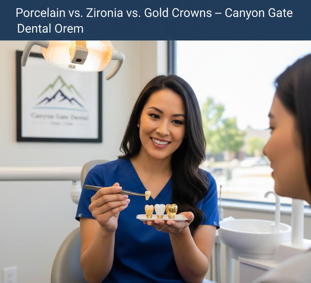Dentist in Orem showing patients three dental crown materials — porcelain, zirconia, and gold — side by side.