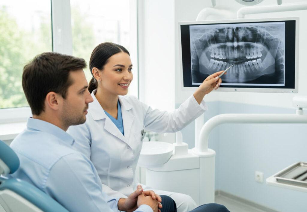 Dentist explaining tooth extraction options to a patient in a bright modern dental office with X-rays visible on screen.