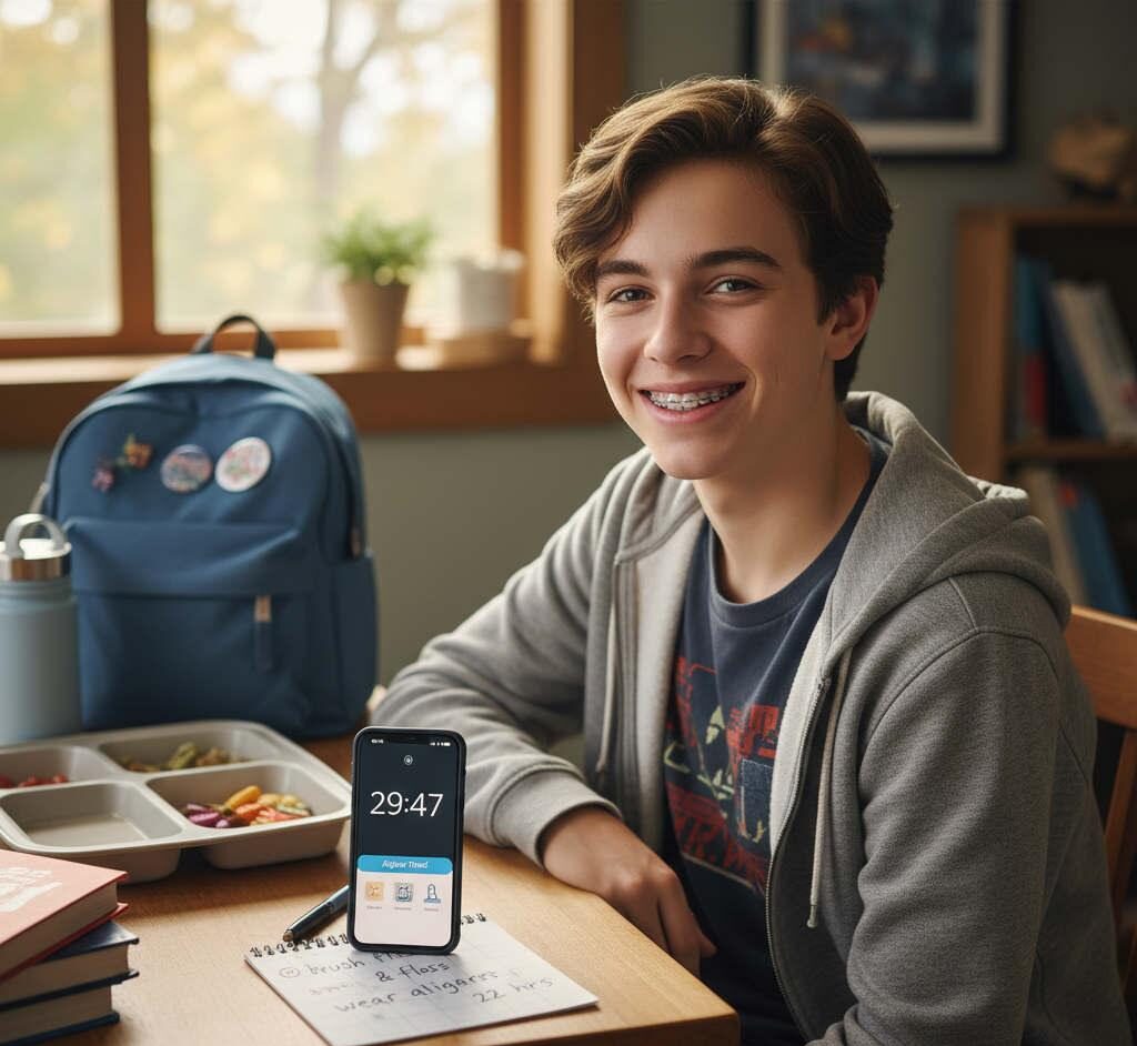 Teen wearing clear aligners following the 30-minute Invisalign rule in American Fork Utah