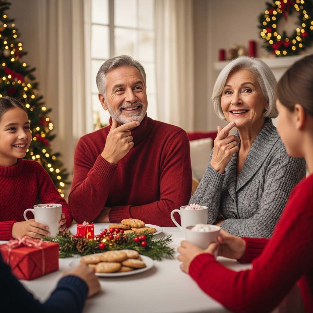 Family enjoying Christmas treats while being mindful of dental health during the holidays