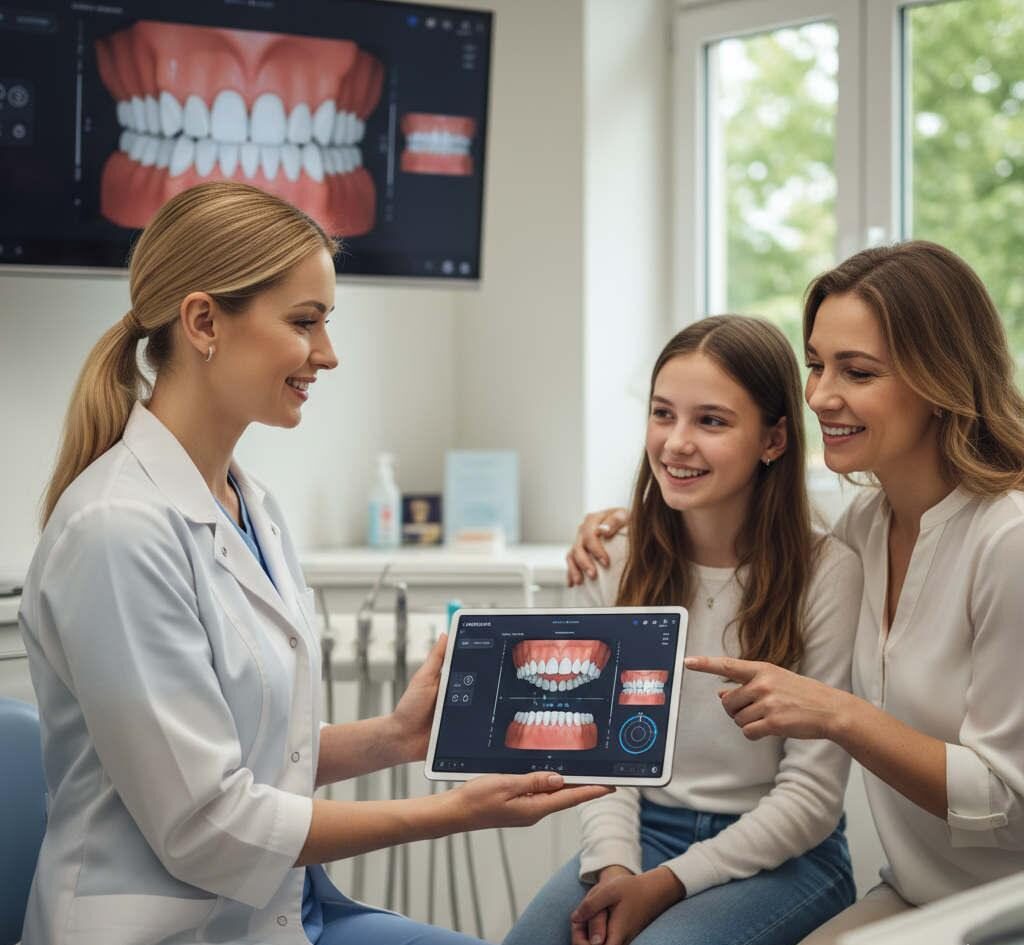 Dentist explaining SureSmile clear aligner treatment to teen and parent in American Fork Utah