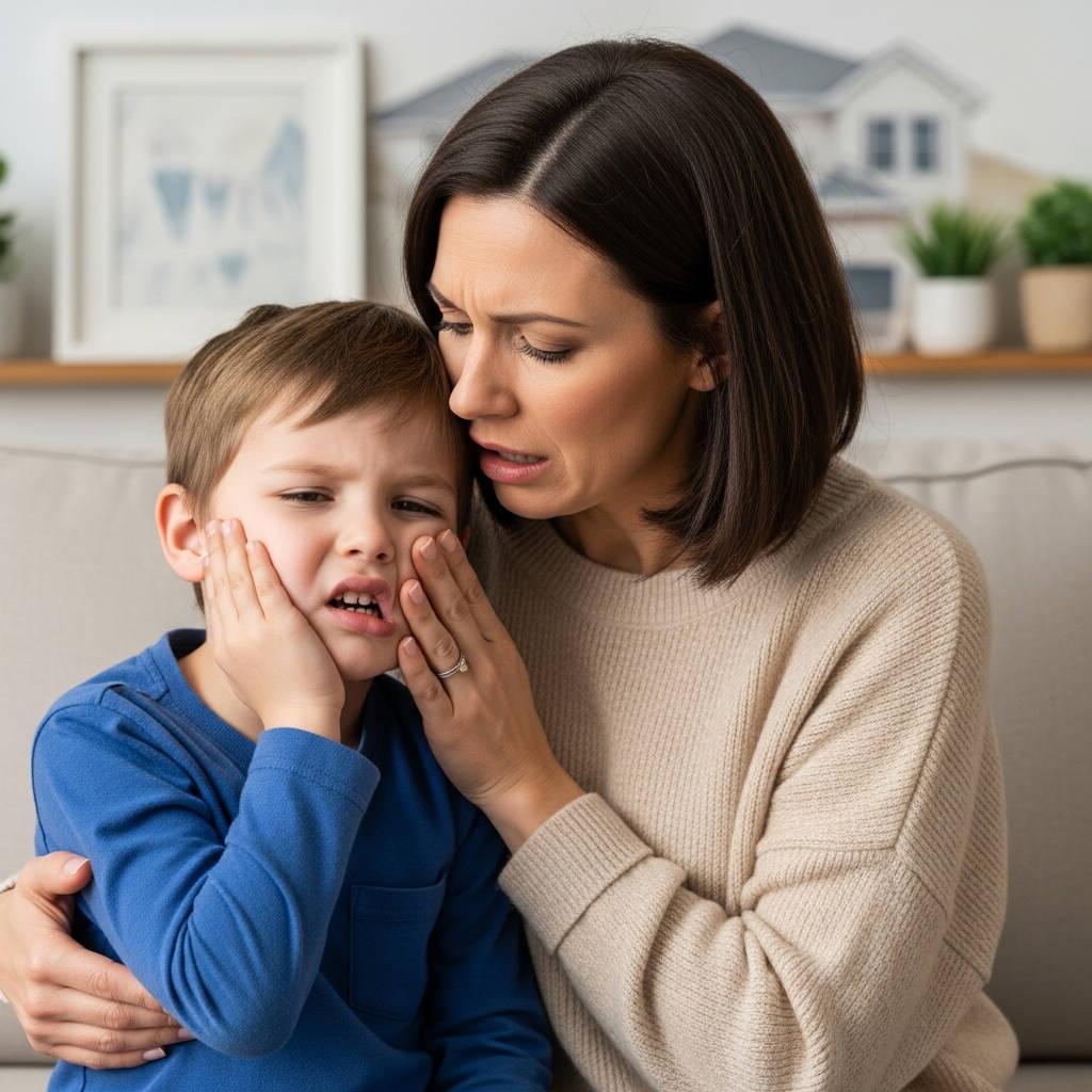 Worried Utah mother comforting her child with sudden tooth pain after a dental injury at home, representing what the ER can and cannot do for dental emergencies.