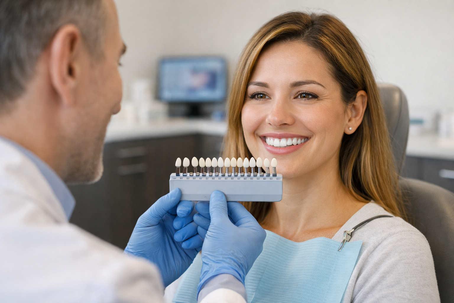 Dentist showing a shade guide during a teeth whitening consultation in Orem Utah